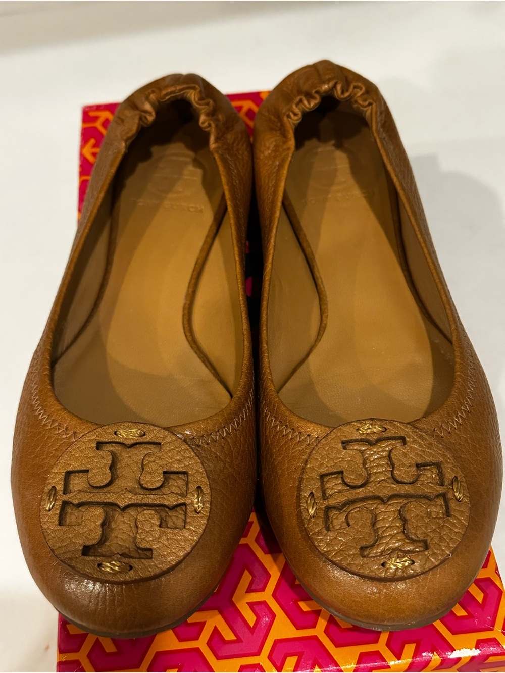 Tory Burch Cognac Leather Logo Ballet Flats